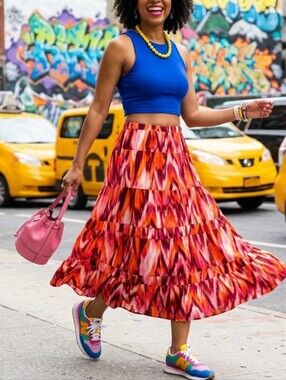 Jones New York Cotton Tiered Maxi Skirt 14 Boho Ikat Abstract Print Pink Orange